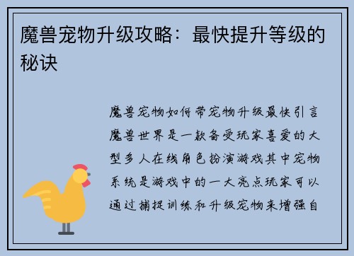 魔兽宠物升级攻略：最快提升等级的秘诀